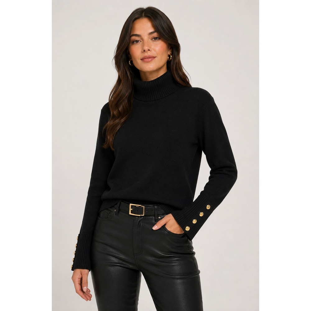 Express Womens Black Turtleneck Sweater Size Medium Gold Button Cuffs Ribbed